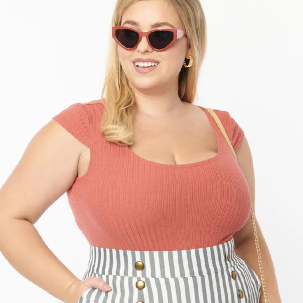 Orange Rose Ribbed Bodysuit Cap Sleeves